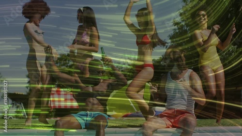 Six friends starting music, dancing at pool edge for marketing content with green yellow streaks