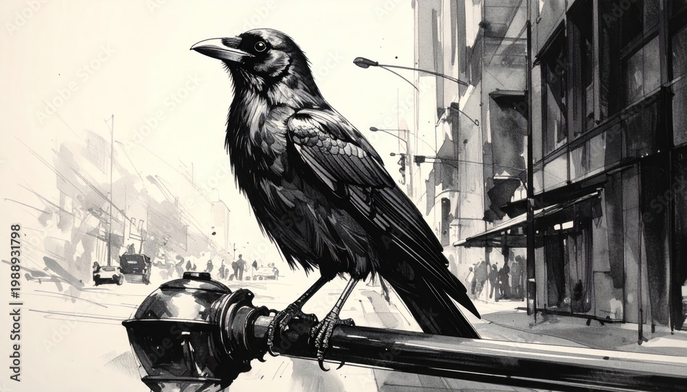 Naklejka premium Black crow observing the city from a perch on a metallic pole, a moody and atmospheric monochrome illustration depicting urban life and nature's quiet presence