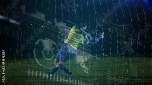 Soccer attacker striking ball to score, HUD overlaying pitch while keeper diving left, keeper down