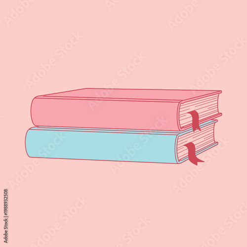 Two stacked books, one pink and one blue, with red bookmarks, on a pale pink background.