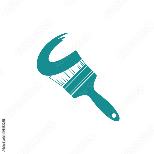 A teal paintbrush with a stroke of teal paint on a white background.