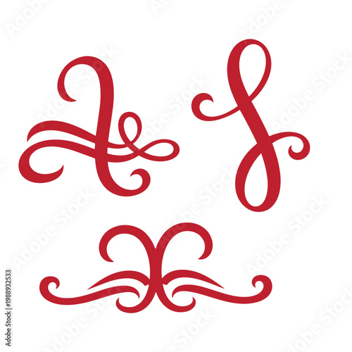 Red decorative swirls on white background, 7 07 curls