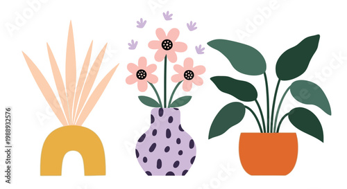 Three potted plants with abstract shapes and textures are displayed against a white background.