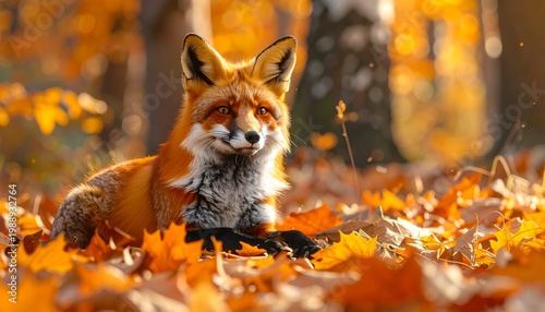 A red fox lies in a forest surrounded by orange leaves