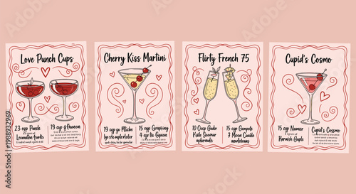 A collection of four illustrated recipe cards showcases vibrant cocktail designs for valentine s day themed drinks high quality professional detailed modern elegant