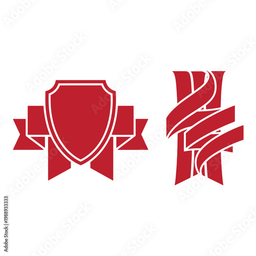 Red shield with ribbons and twisted ribbon on white background, symbols