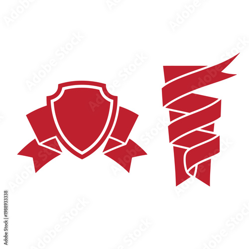 Red shield with ribbons, twisted ribbon banner on white background, shield ribbons