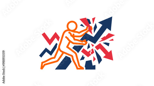 Abstract illustration of a person breaking through financial barriers with determination.