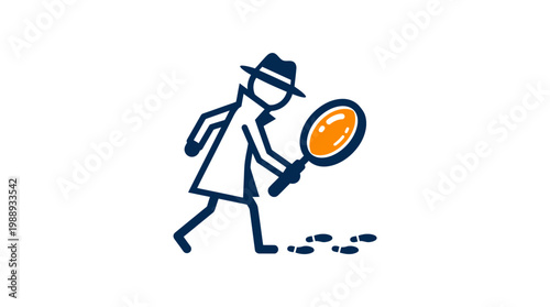 Cartoon Detective Searching for Clues with Magnifying Glass.