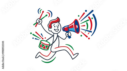 Cheerful Cartoon Character Running with Megaphone and Drum, Announcing.