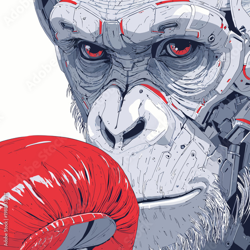 Digital illustration of a determined cyborg chimpanzee boxer. With intense red eyes and a bold red boxing glove, it represents the powerful fusion of primal strength and advanced technology