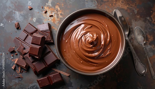 A rich chocolate pudding in a bowl with chunks of dark chocolate