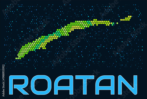Roatan hexagon dots map. Honduras. Digital style shape of the island. Roatan map and title. Tiny green colored hexagons, sparse blue dots at background. Vector Illustration.
