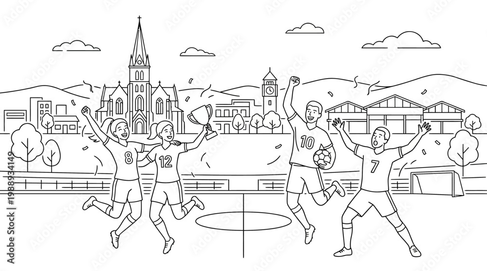 Naklejka premium Joyful Soccer Team Celebrating Victory with Raised Arms and Cheers.
