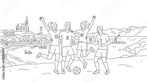 Joyful Soccer Team Celebrating Victory with Raised Arms and Cheers.