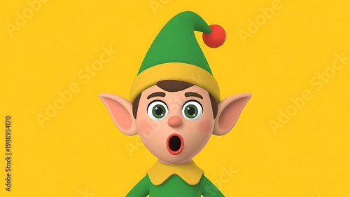 Surprised elf in a festive green hat with a red pom-pom