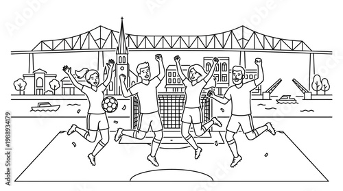 Joyful Soccer Team Celebrating Victory with Raised Arms and Cheers.