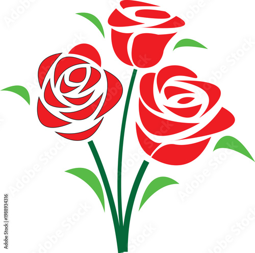 A beautiful illustration of three vibrant red roses with green stems and leaves, perfect for expressing love and admiration