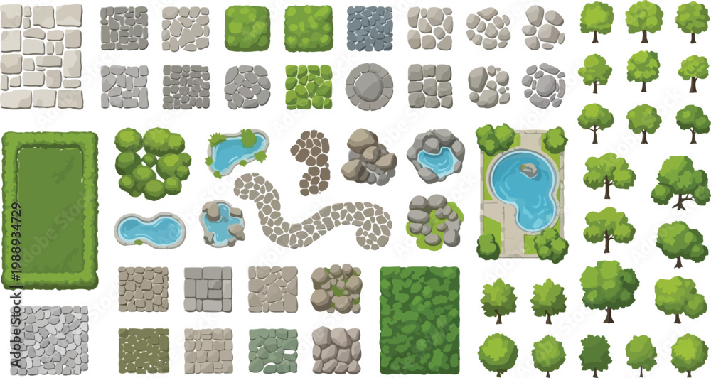 Fototapeta premium Top down view vector illustration set of landscape design elements including trees ponds stone paths grass and garden textures for map design