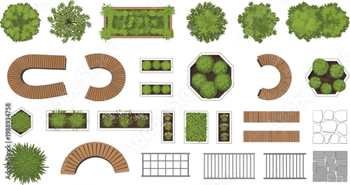 Top view landscape architecture vector elements collection featuring trees bushes wooden benches and garden design symbols for professional site planning.