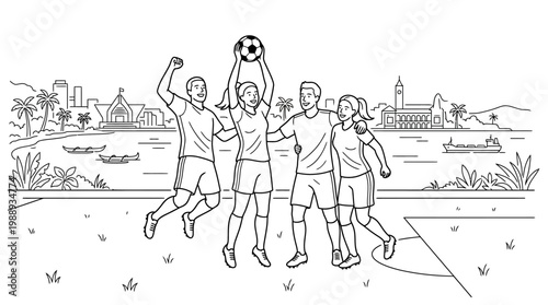 Joyful Soccer Team Celebrating Victory with Raised Ball.