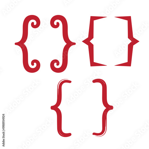Red curly and straight bracket on white background, brackets braces