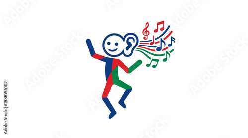 Joyful Stick Figure Listening to Colorful Musical Notes.