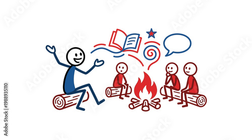 Joyful Stick Figure Storyteller Sharing Tales Around Campfire.