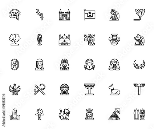 Egypt symbols icon set. Vector illustration pack featuring Eye of Ra, Feather of Maat, Ankh, Sphinx, Pyramid, Pharaoh, Horus, Anubis, Scarab, Hieroglyph, Mummy, and more.