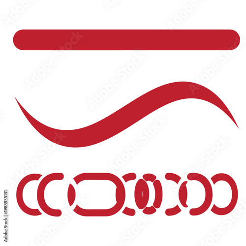 Red on white background, including a horizontal bar, wavy line, and abstract shapes
