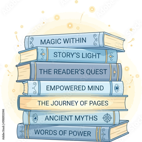 Whimsical illustration of books piled high, radiating a magical glow, signifying the boundless wonder and enlightenment found within stories and ancient tales