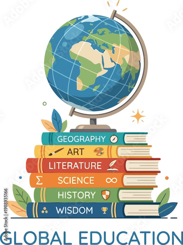 Illustrative globe placed atop a stack of books representing global education and learning