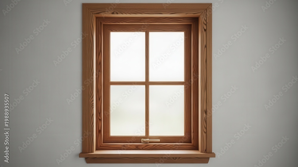 Fototapeta premium Tasteful wooden window frame with frosted glass panes on a neutral grey wall, emphasizing