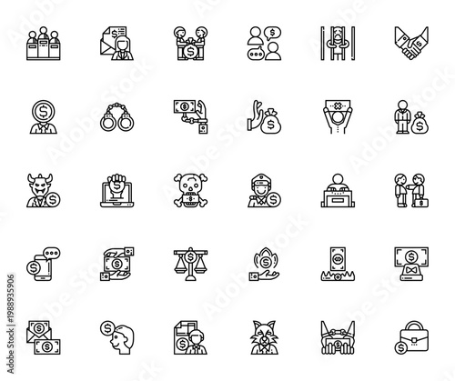Corruption icon set. Vector symbols pack featuring judge, bribe, jail, money, handcuffs, businessman, politician, contract and more. Editable stroke.