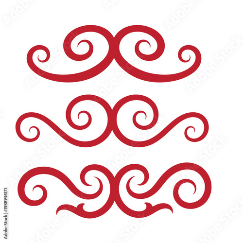 Red swirling wave patterns on white background, three sets