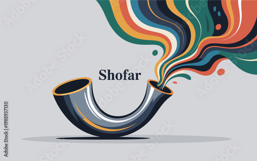 Stylized shofar horn with flowing, colorful, abstract ribbons emerging from the opening on a gray Jewish