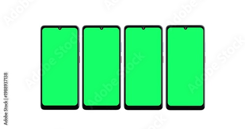 4k Resolution Video: Mobile Technology And App Presentation Concept. Four Smartphone Devices With Green Chroma Screen Mockup Animated Moving on White Background With Alpha Matte