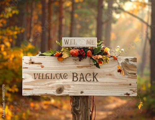 A rustic wooden sign with floral decoration in a forest