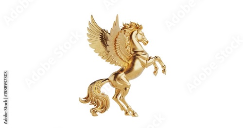 4k Resolution Video: Mythical Freedom And Power Symbol. Golden Winged Pegasus Rearing With Spread Wings Seamless Looped Rotating On White Background With Alpha Matte
