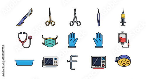 Flat vector illustration of medical and surgical tools with bold black outlines, minimal style, and high clarity for digital use.