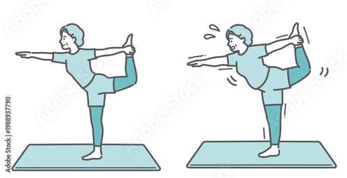 ヨガの「踊り子のポーズ」をする標準体型とぽっちゃり体型のシニア女性の比較セットイラスト