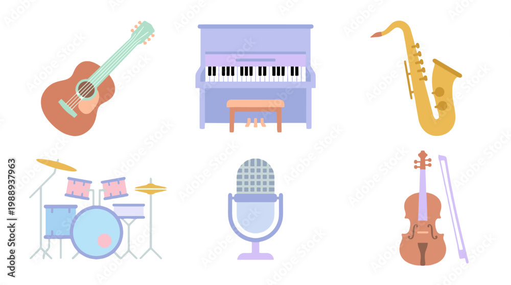 Naklejka premium Musical instruments showcase studio digital art vibrant aerial view creative expression