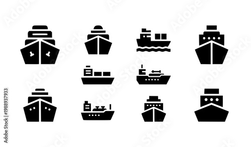 Ship glyph icon set with cruise cargo vessel silhouettes for marine transport and sea travel