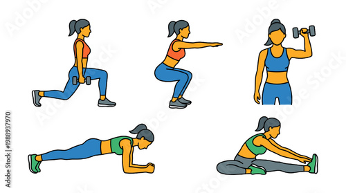 Fitness action routine home workout exercises for strength training indoor environment full-body engagement