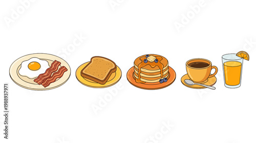 Breakfast delight a feast of eggs bacon toast pancakes and beverages in a cozy kitchen setting