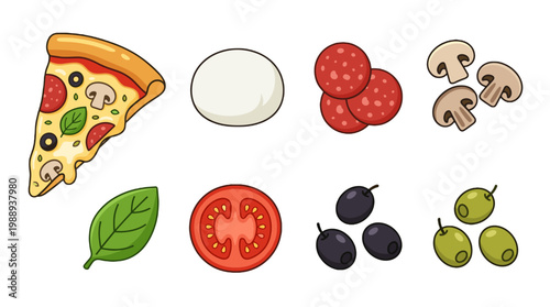 Delicious pizza ingredients kitchen food illustration colorful top-down view culinary concepts for cooking enthusiasts