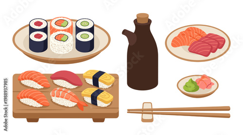 Delicious sushi and sashimi platter japanese cuisine food illustration culinary art aesthetic presentation