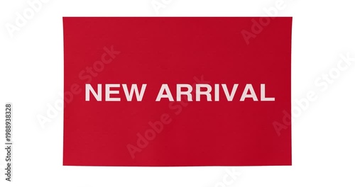 4k Resolution Video: Product Launch And Retail Promotion. Red New Arrival Banner Unrolled Animated On White Background With Alpha Matte