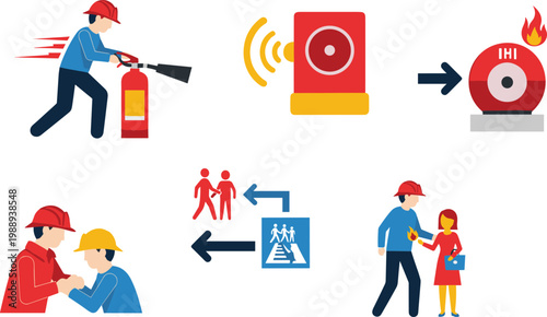 Emergency safety procedures icons showing teamwork, fire alarm response, evacuation guidance, and protective equipment for workplace safety