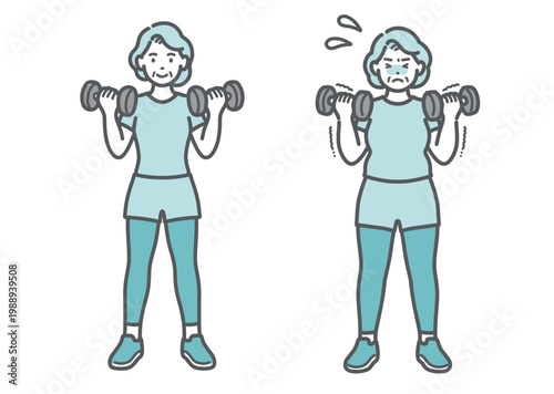 ダンベルでトレーニングをする標準体型とぽっちゃり体型のシニア女性の比較セットイラスト